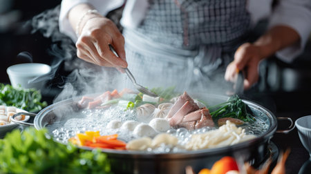 A chef adding ingredients to a bubbling shabu-shabu hot pot, creating a fragrant and flavorful broth for diners to enjoy.の素材