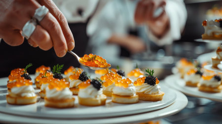 A chef delicately spooning golden caviar onto blinisの素材