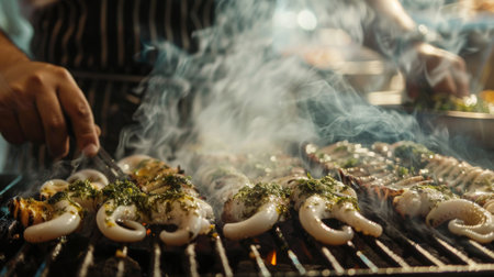 A chef seasoning squid with herbs and spices before grilling them over an open flame, with smoke rising and the aroma of seafood filling the kitchen.の素材