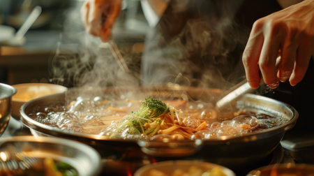 A chef adding ingredients to a bubbling shabu-shabu hot pot, creating a fragrant and flavorful broth for diners to enjoy.の素材