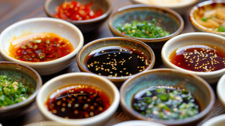 A close-up of assorted dipping sauces for shabu-shabu, including ponzu, sesame, and chili oil, enhancing the flavors of the cooked ingredients.の素材