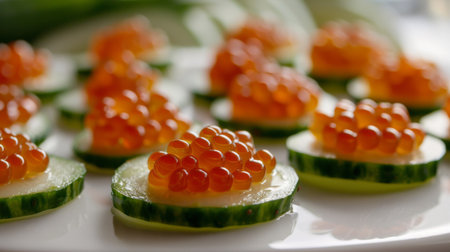 A close-up of red caviar pearls on a slice of cucumber, served as an elegant and refreshing hors d'oeuvre for a special occasion.の素材