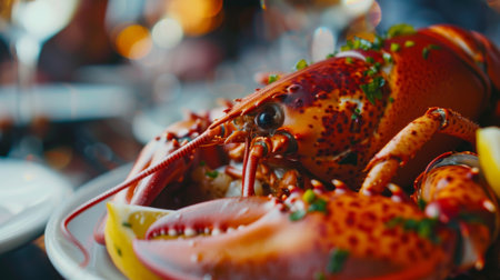 A close-up of a lobster claw cracking open a succulent piece of meat, revealing the tender flesh inside for a decadent seafood feast.の素材