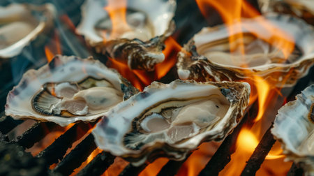 A close-up of oysters being grilled over an open flame, their shells popping open to reveal succulent, smoky meat inside.の素材
