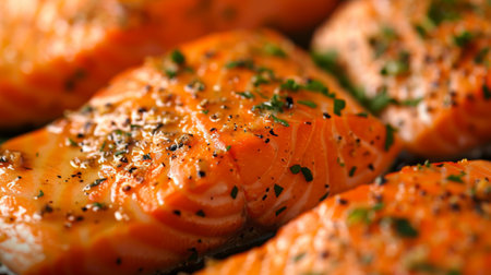 A close-up of a juicy salmon steak seasoned with herbs and spices, ready to be seared to a perfect golden brown.の素材