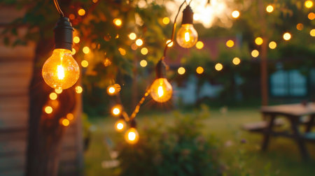 A decorative string light installation creating a cozy and whimsical ambiance in an outdoor garden or patio space.の素材