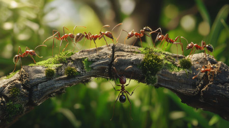 A close-up of ants building a bridge with their bodies to traverse an obstacle, showcasing their problem-solving abilities and teamwork.の素材