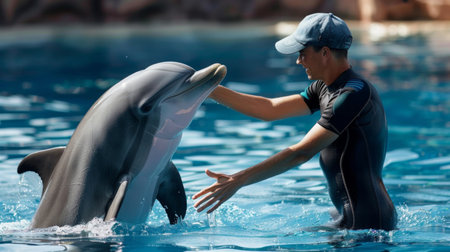 A dolphin trainer interacting with a bottlenose dolphin during a captivating marine show, demonstrating their intelligence and agilityの素材