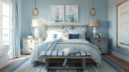 A coastal-themed bedroom with nautical decor, beachy accents, and soothing blue hues, capturing the relaxed vibe of seaside living.の素材
