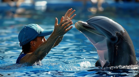 A dolphin trainer interacting with a bottlenose dolphin during a captivating marine show, demonstrating their intelligence and agilityの素材