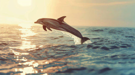 A dolphin breaching the surface of the water in a magnificent leap, its sleek body glistening in the sunlight as it soars through the air.の素材