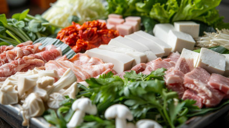 A close-up of assorted fresh ingredients for shabu-shabu, including thinly sliced meats, tofu, mushrooms, and leafy greens, ready to be cooked in a hot pot.の素材
