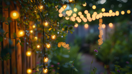 A decorative string light installation creating a cozy and whimsical ambiance in an outdoor garden or patio space.の素材