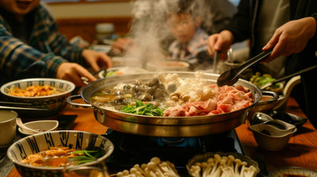 A family sharing a hearty shabu-shabu meal at home, with everyone gathered around the table, cooking and chatting togetherの素材