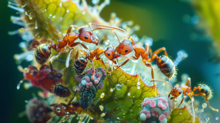 A macro shot of ants tending to aphids on a plant, illustrating their symbiotic relationship and the complexities of insect ecology.の素材
