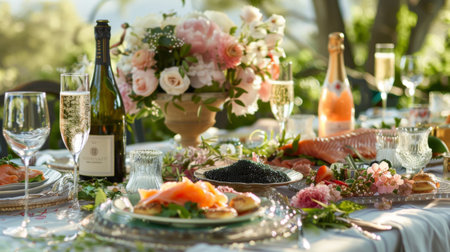 A gourmet picnic spread featuring caviar-topped blinis, smoked salmon, and champagne, enjoyed alfresco in a picturesque setting.の素材