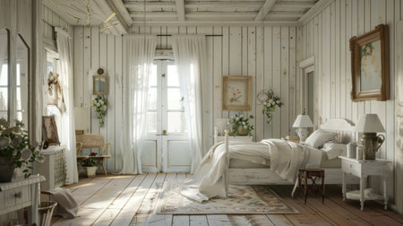 A farmhouse-style bedroom with whitewashed walls, antique furniture, and floral accents, exuding rustic charm and coziness.の素材