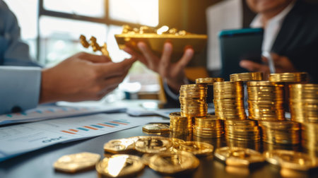 A financial advisor discussing gold price trends with a client, providing insights on investment opportunities in the precious metals market.の素材