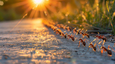 A line of ants marching in perfect formation across a sunlit path, illustrating their disciplined and organized behavior.の素材