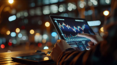 A financial analyst analyzing stock market graphs and performance metrics on a tablet, preparing a research report for clients and stakeholders.の素材