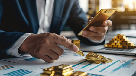 A financial consultant advising clients on the benefits of investing in physical gold bars as a hedge against economic uncertainty.の素材