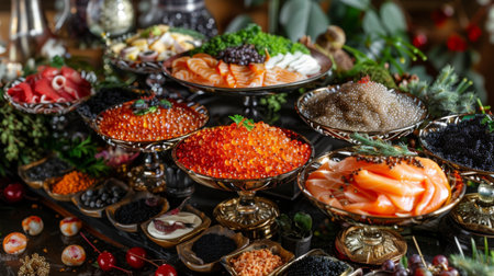 A gourmet seafood buffet featuring a selection of caviar varieties, including black and red sturgeon roe, served with blinis and traditional garnishes.の素材