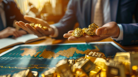 A group of investors studying a gold price graph during a strategy meeting, evaluating the potential for gold-based investments.の素材