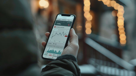 A hand holding a smartphone with a stock market app open, displaying real-time stock graphs and news updates for investors on the go.の素材
