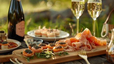 A gourmet picnic spread featuring caviar-topped blinis, smoked salmon, and champagne, enjoyed alfresco in a picturesque setting.の素材