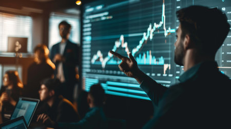 A financial analyst presenting a stock market forecast to a group of investors, pointing to a graph on a projection screen during a seminar.の素材