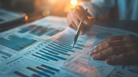A hand holding a pen analyzing a printed business graph on paper, making strategic decisions based on market analysis and forecasts.の素材