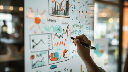 A hand drawing a business graph on a whiteboard during a team meeting, visualizing key metrics and objectives for the organization.の素材
