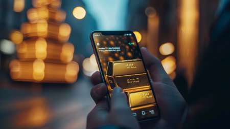 A hand holding a smartphone with a gold price tracking app open, displaying real-time gold price graphs and market news updates.の素材