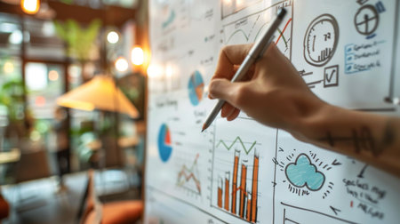 A hand drawing a business graph on a whiteboard during a team meeting, visualizing key metrics and objectives for the organization.の素材