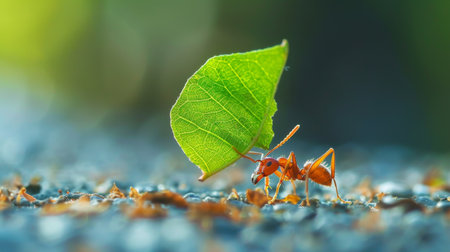 A macro image of an ant carrying a leaf many times its size, demonstrating the incredible strength and resilience of these tiny insects.の素材