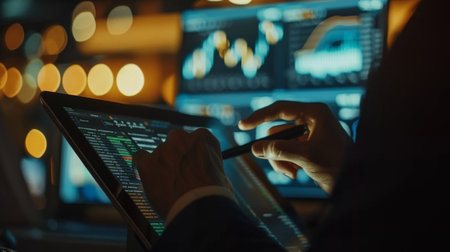 A financial analyst analyzing business graphs and trends on a tablet, preparing detailed reports and presentations for management.の素材