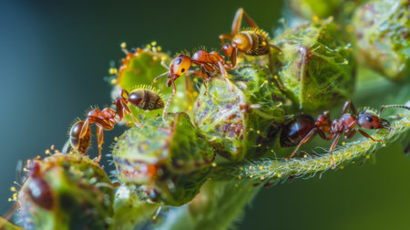 A macro shot of ants tending to aphids on a plant, illustrating their symbiotic relationship and the complexities of insect ecology.の素材