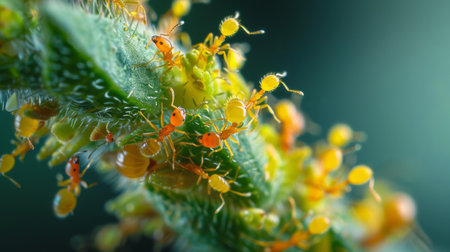 A macro shot of ants tending to aphids on a plant, illustrating their symbiotic relationship and the complexities of insect ecology.の素材