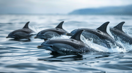 A group of dolphins surfacing to breathe, their dorsal fins cutting through the water's surface as they take a synchronized breath.の素材