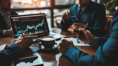 A group of investors discussing stock market graphs and investment strategies over coffee, brainstorming ideas for maximizing returns.の素材