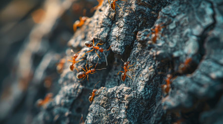 A macro shot of ants crawling on a tree trunk, exploring their natural habitat and foraging for food in the wilderness.の素材