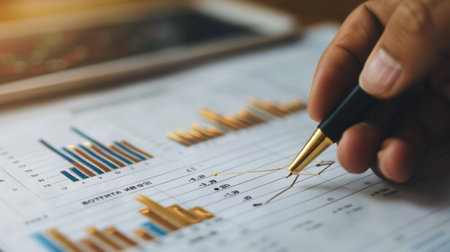 A hand holding a pen analyzing a printed gold price graph on paper, making investment decisions based on market analysis and forecasts.の素材
