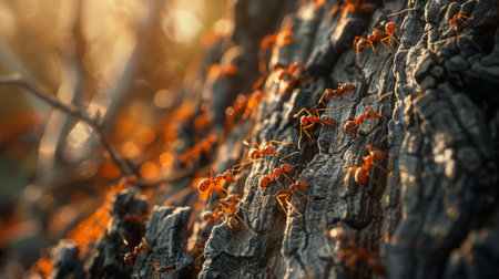A macro shot of ants crawling on a tree trunk, exploring their natural habitat and foraging for food in the wilderness.の素材