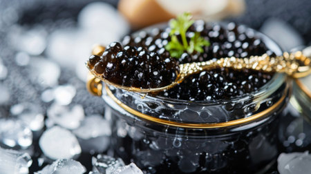 A jar of black caviar displayed on a bed of ice, with a mother-of-pearl spoon for serving, presenting a luxurious culinary delicacy.の素材