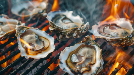 A close-up of oysters being grilled over an open flame, their shells popping open to reveal succulent, smoky meat inside.の素材