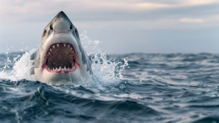 A great white shark breaching the surface with its jaws wide open, showcasing its power and dominance in the ocean.の素材