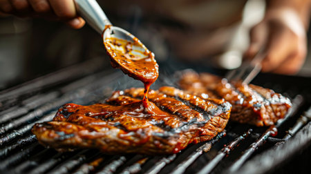 A chef preparing a classic pork steak with a tangy barbecue sauce, grilling it to charred perfection for a mouthwatering mealの素材