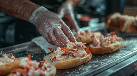 A chef preparing lobster rolls, filling buttered buns with chunks of fresh lobster meat tossed in mayonnaise and seasoningの素材