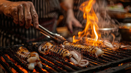 A chef grilling whole squid over an open flame, brushing them with marinade and turning them with tongs for even cooking and char marks.の素材