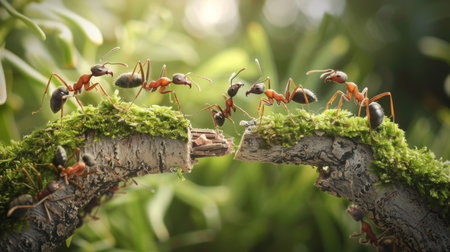 A close-up of ants building a bridge with their bodies to traverse an obstacle, showcasing their problem-solving abilities and teamwork.の素材